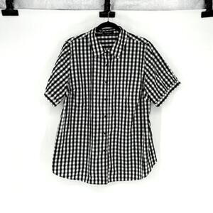 Women's Black and White Checked Collard Short Sleeve Button Up Shirt - Plus 20W